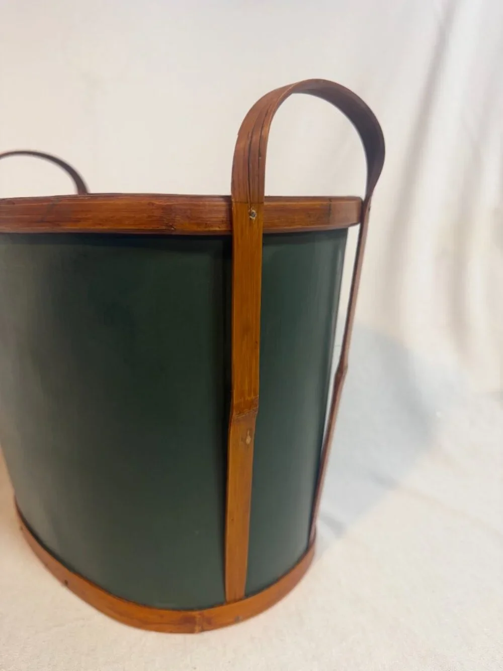 Primitive Bentwood Magazine Basket Rattan Handle Green Accent Early Country Tote